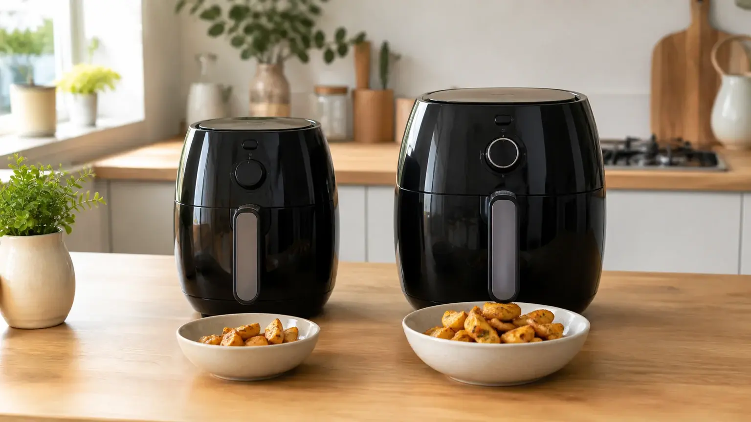 Duas air fryers compactas em bancada com taças de porções diferentes para comparar 4L e 5L.