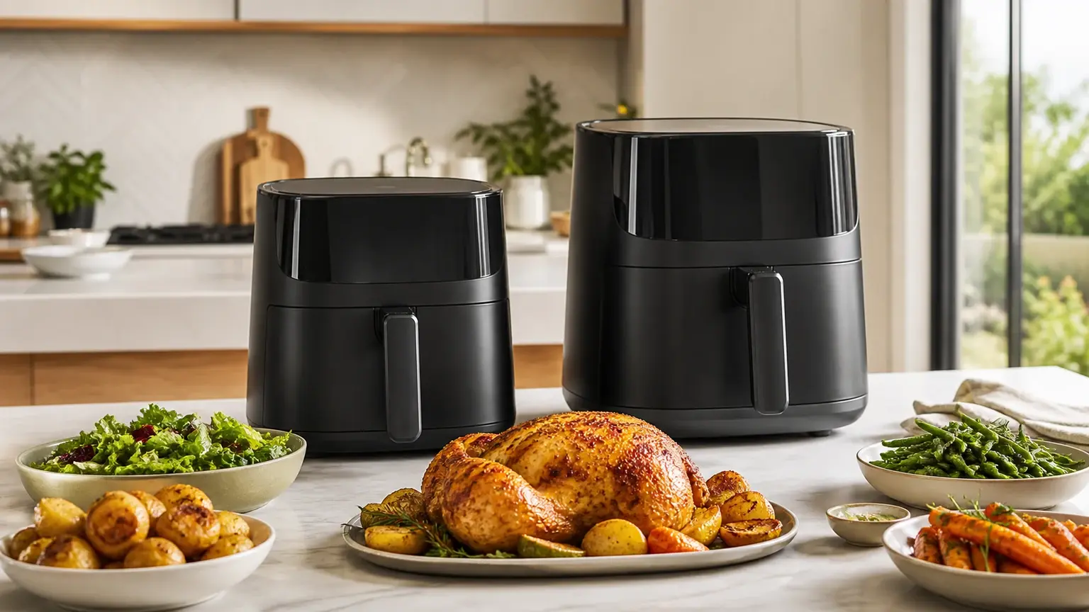 Air fryers grandes numa bancada espaçosa com uma refeição familiar preparada.