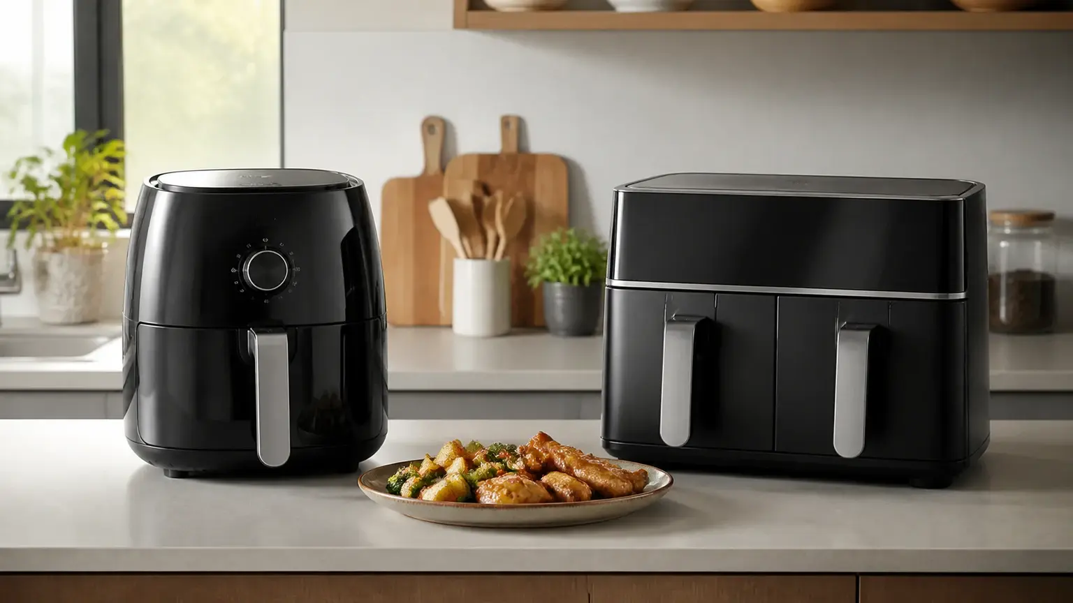 Uma air fryer de dupla cuba ao lado de uma air fryer de uma cuba com pratos preparados.