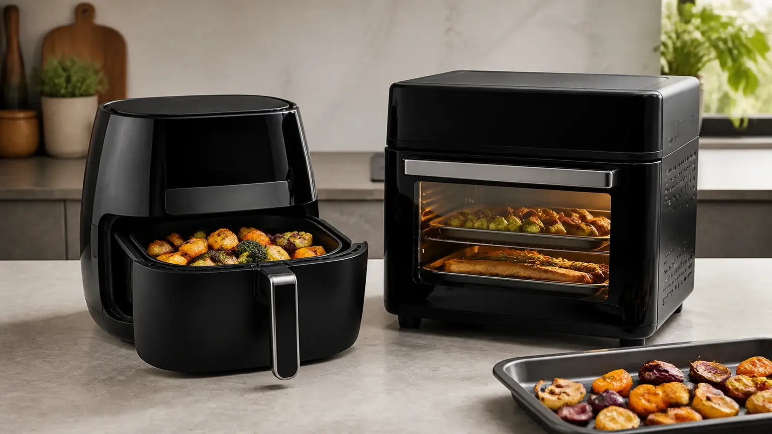 Dois formatos de air fryer sem marca visível, incluindo cuba e formato forno, numa bancada moderna.