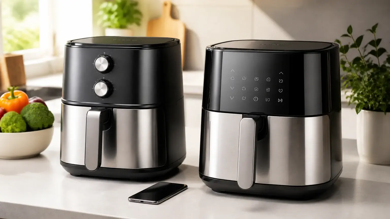 Duas air fryers sem logótipos numa bancada clara, uma com telemóvel ao lado para comparar uso com app.