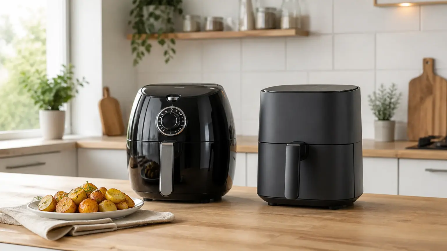 Duas air fryers familiares sem logótipos numa cozinha de tons quentes.