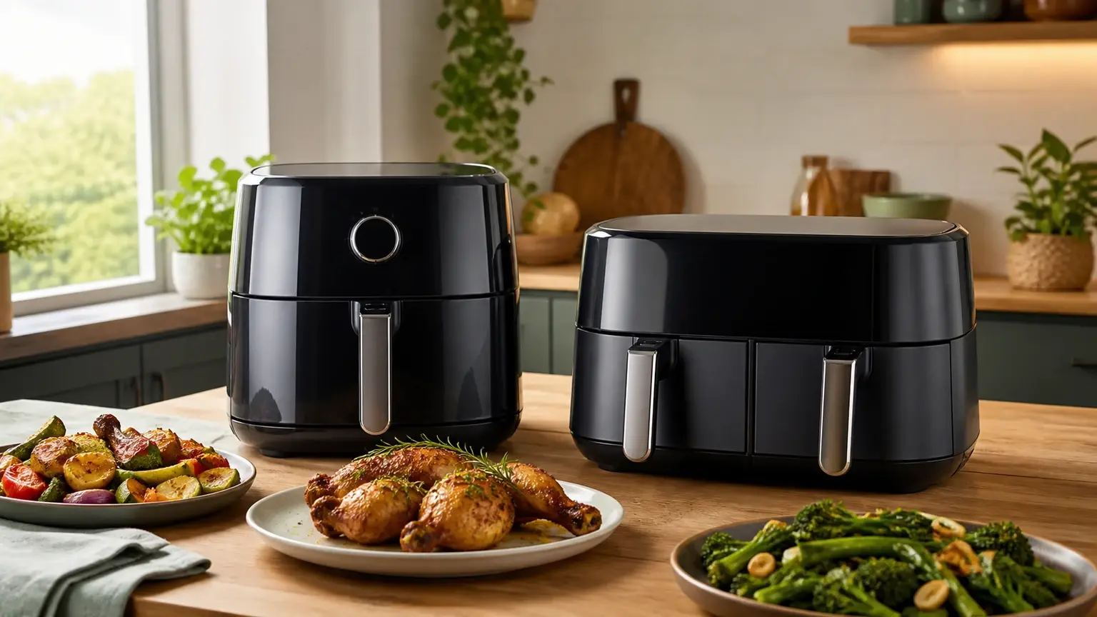 Duas air fryers sem logótipos, uma compacta e uma familiar, numa cozinha com pratos preparados.
