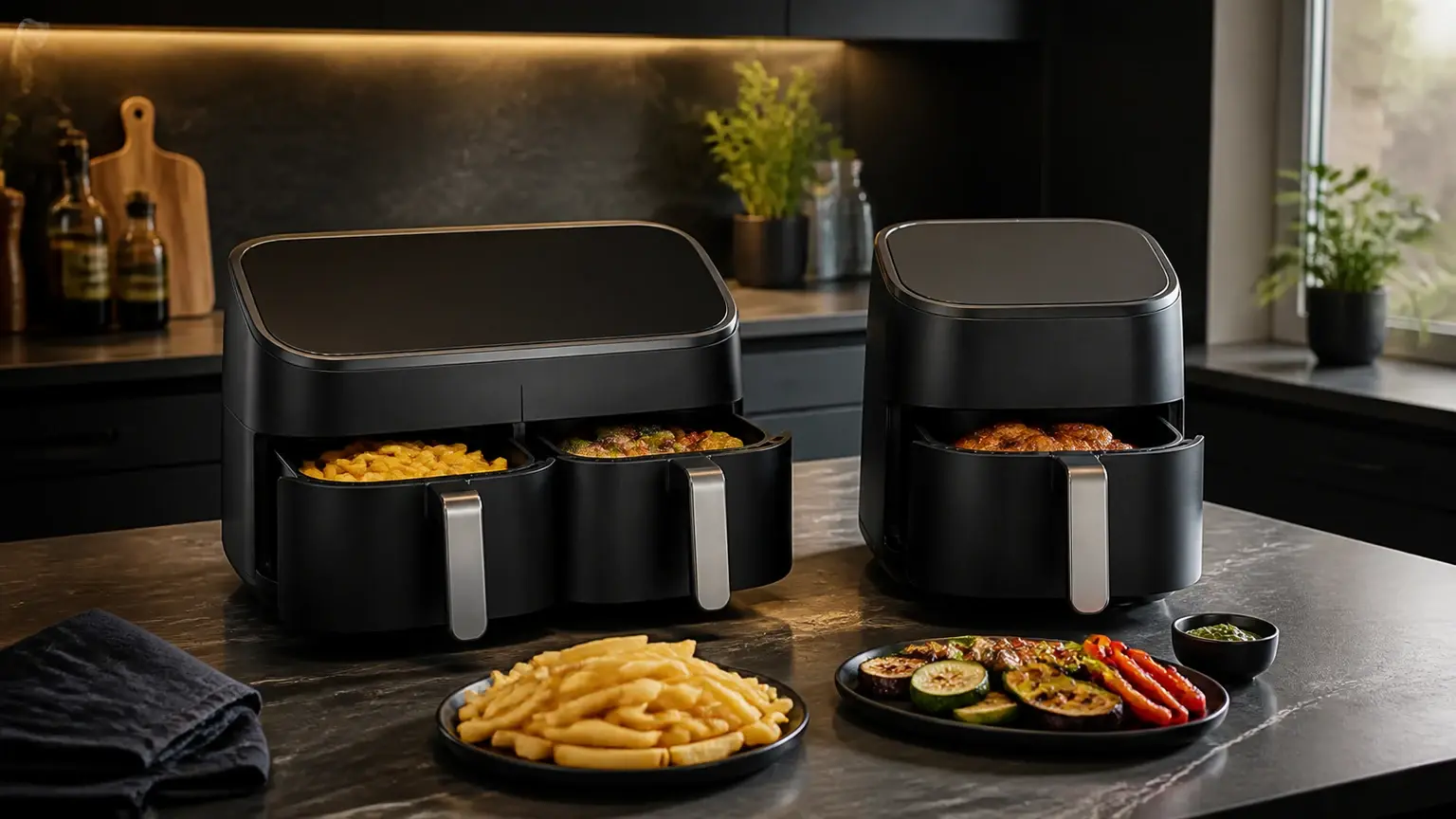 Duas air fryers sem marca visível, uma clássica e uma moderna, numa cozinha clara.