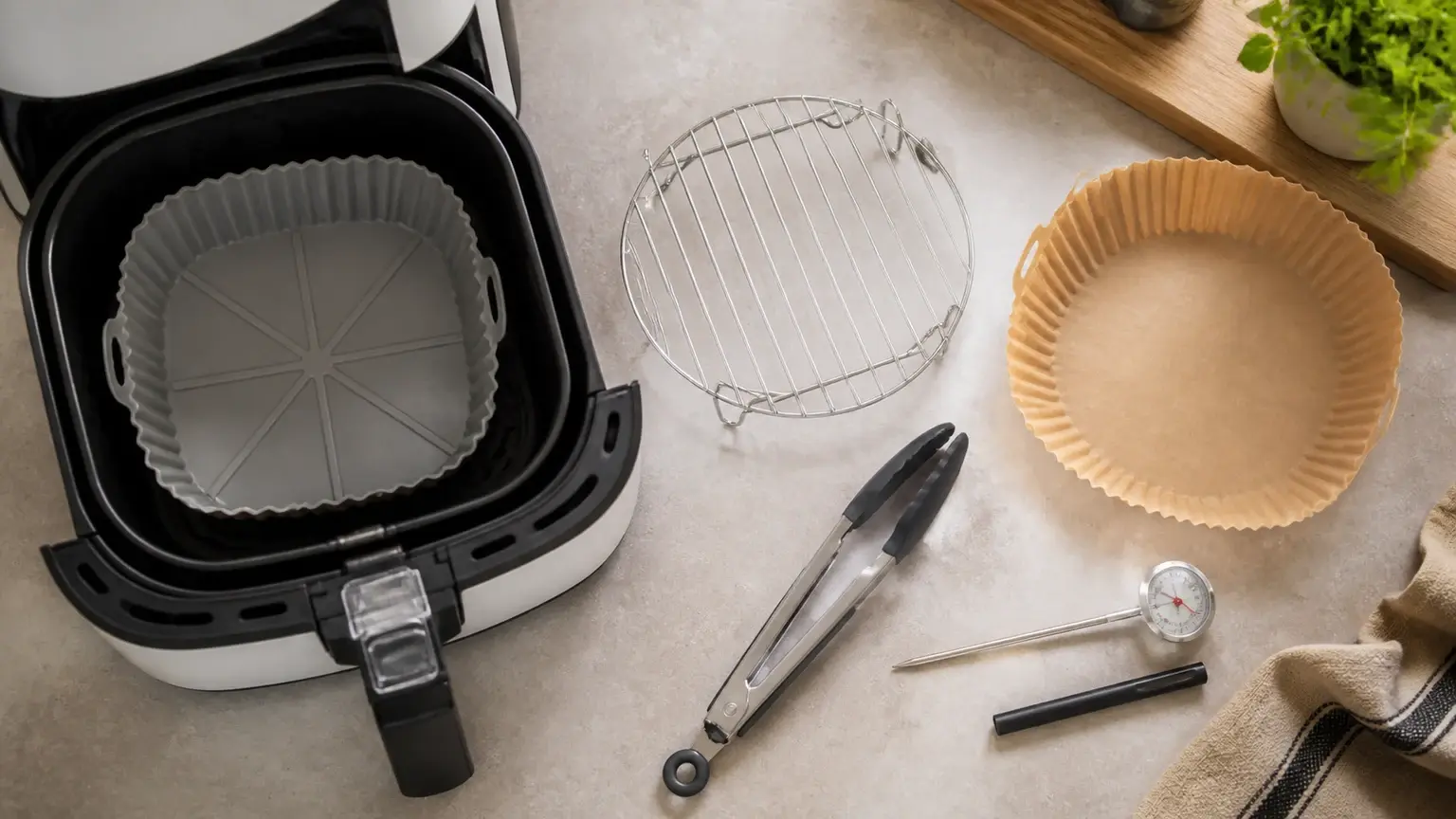 Acessórios genéricos para air fryer organizados numa bancada clara, sem marcas visíveis.