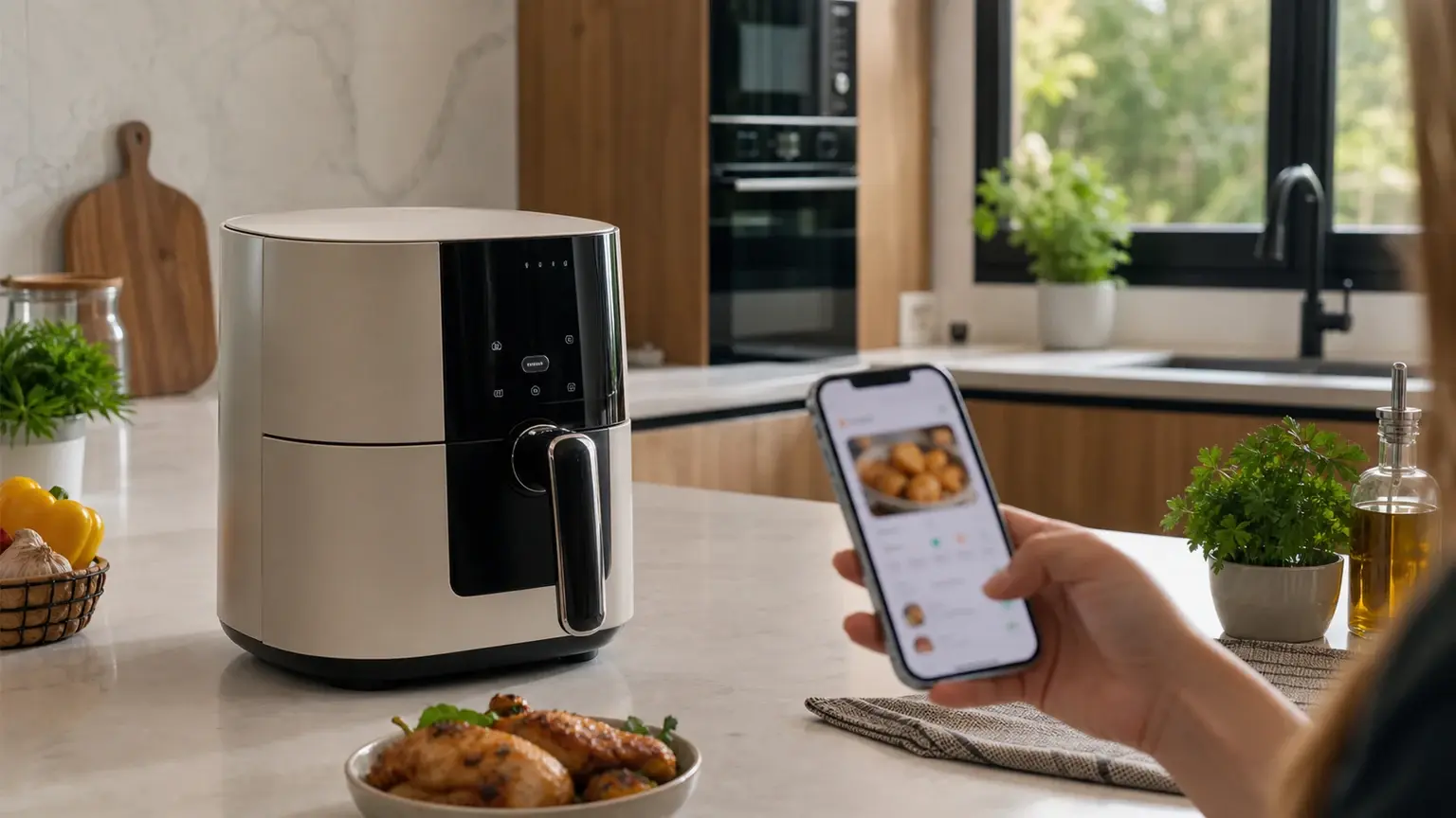 Smartphone junto a uma air fryer numa bancada moderna, com interface genérica desfocada.