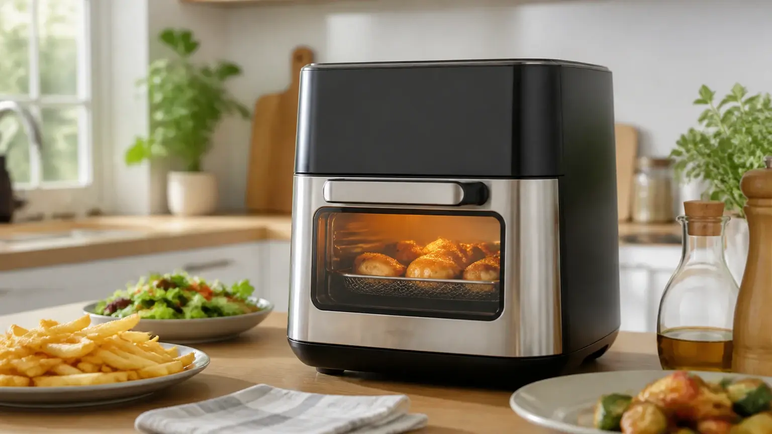 Air fryer com janela iluminada numa bancada de cozinha moderna, sem marca visível.