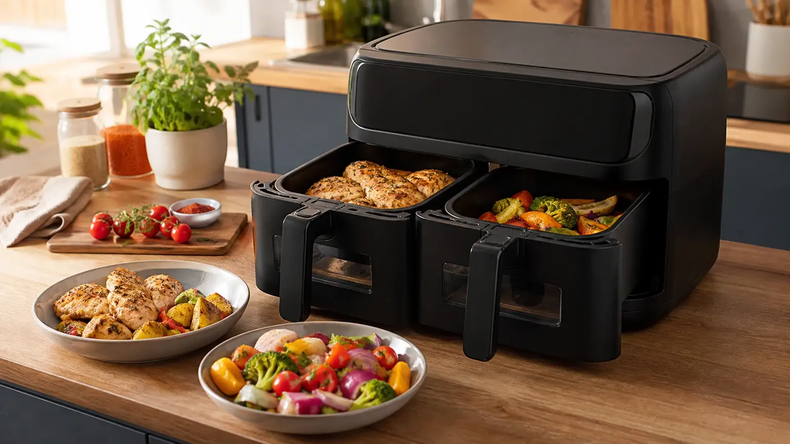 Air fryer dupla cuba sem marca com dois componentes de refeição preparados em paralelo numa bancada familiar.