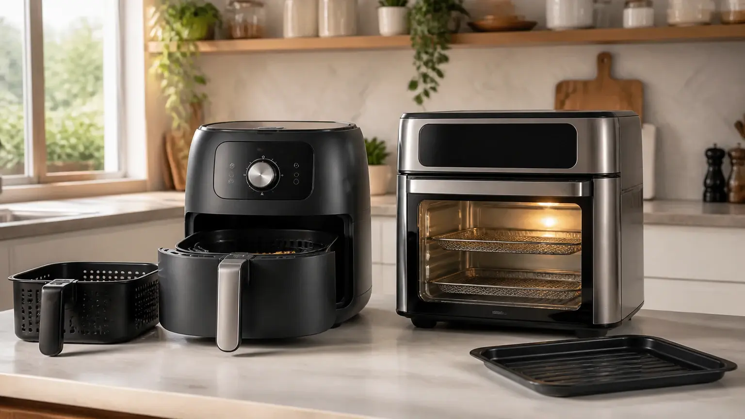 Air fryer de cesto e air fryer em formato forno lado a lado numa bancada clara sem marcas.