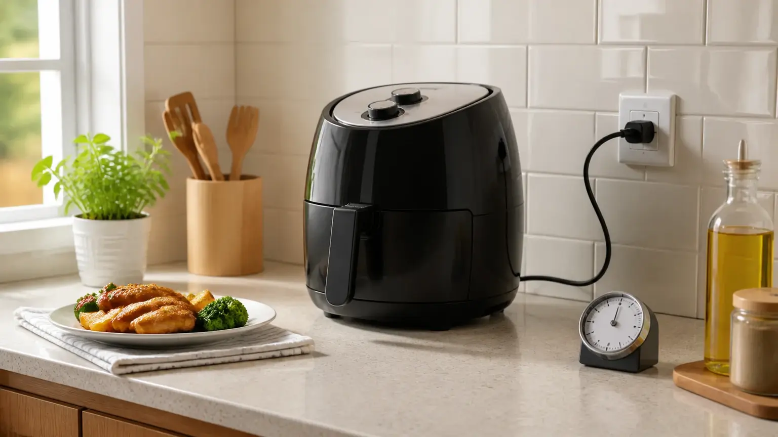 Air fryer sem marca numa cozinha com temporizador, tomada e elementos visuais de energia sem números.