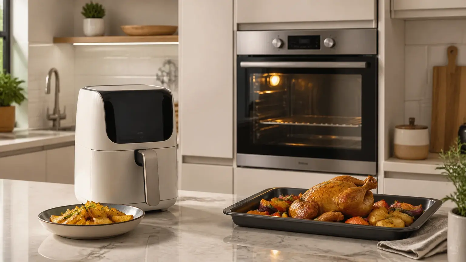Air fryer e forno moderno numa cozinha, lado a lado, preparados para comparar formatos de cozedura.
