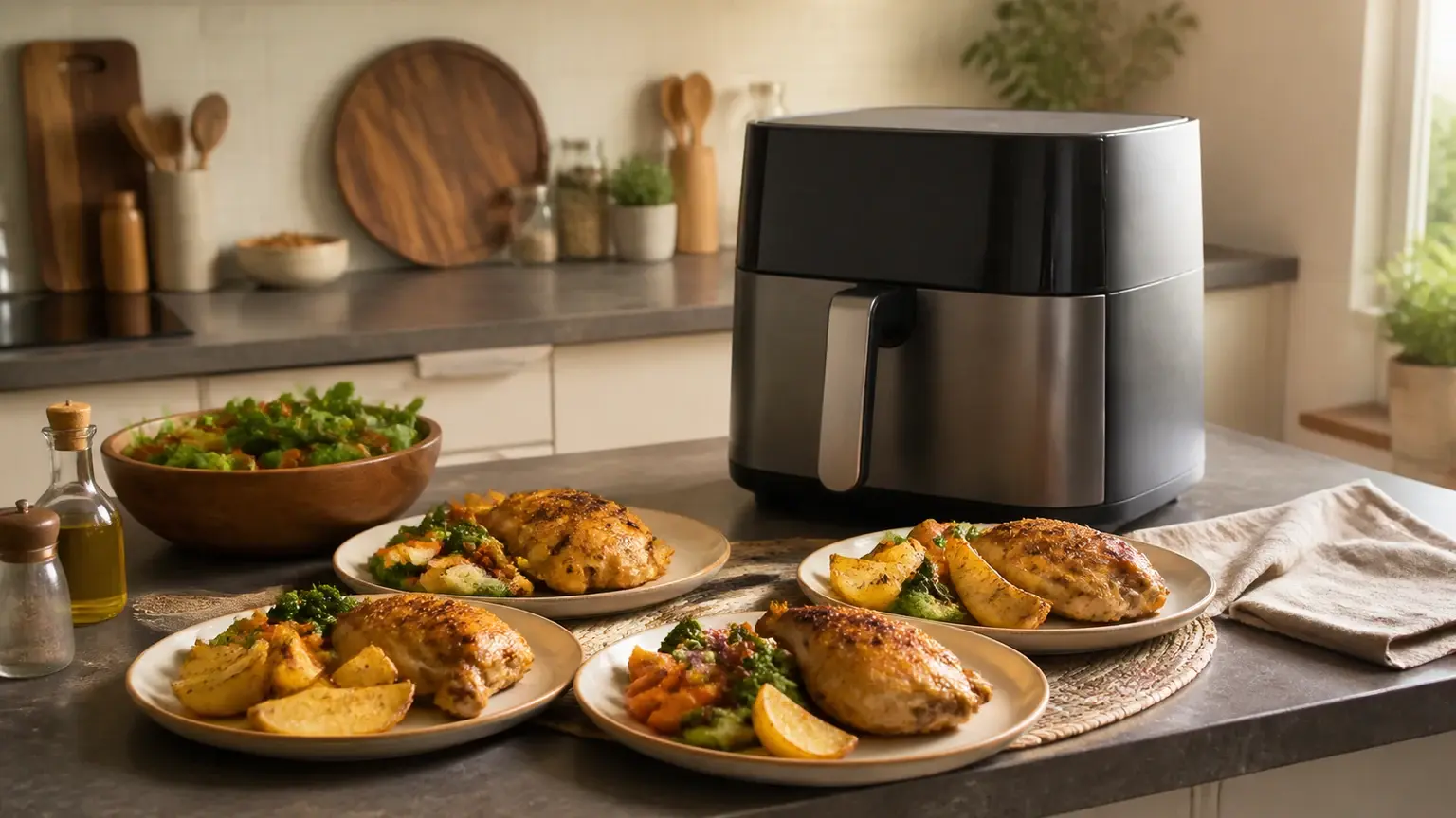 Bancada com air fryer grande e preparação de uma refeição familiar com várias porções.
