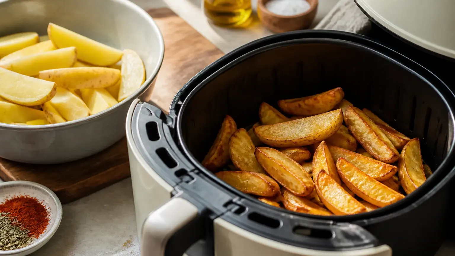 Cesto de air fryer com batatas em palitos numa bancada clara, sem marcas visíveis.