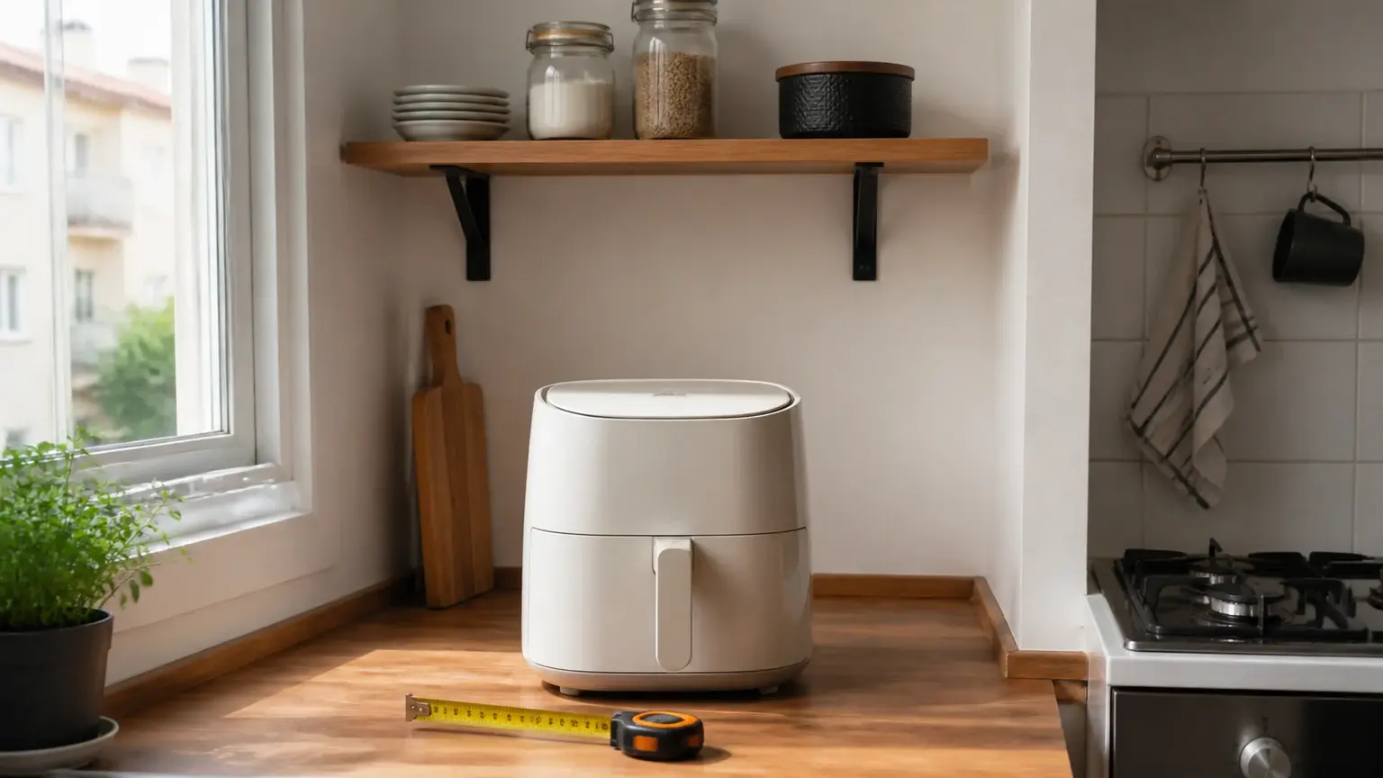 Cozinha pequena com air fryer compacta numa bancada organizada e com espaço livre à volta.