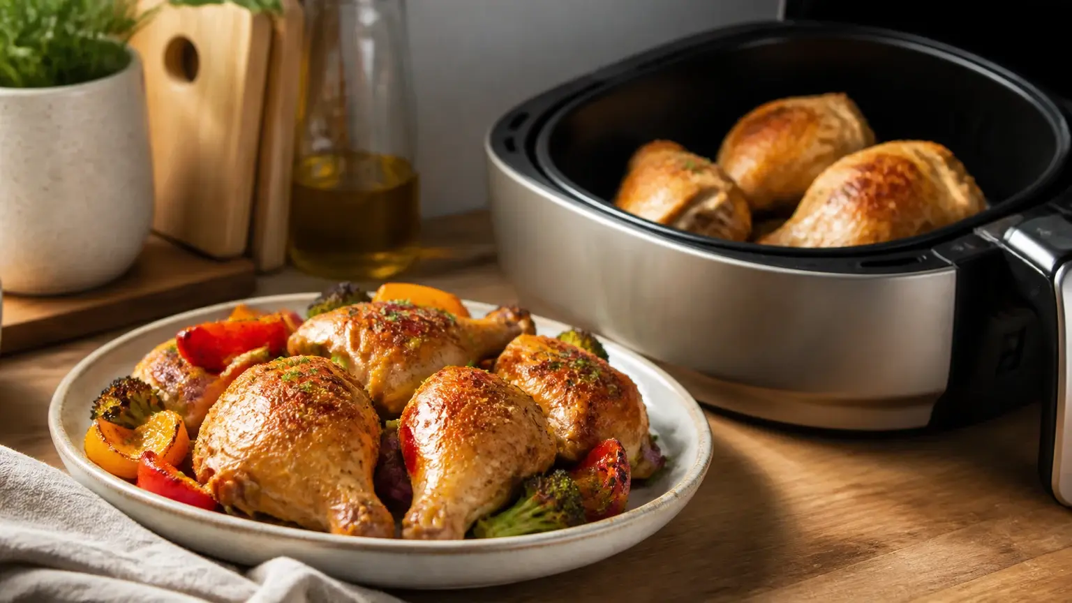Air fryer numa bancada com preparação de frango cozinhado e legumes, sem marcas visíveis.