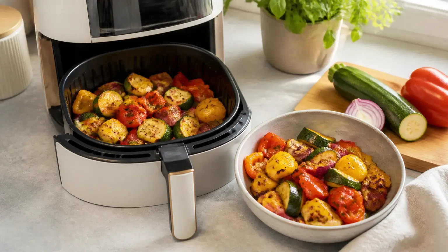 Legumes coloridos num cesto de air fryer numa cozinha limpa e clara.