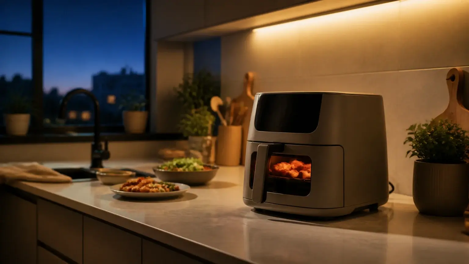Cozinha de apartamento tranquila com air fryer numa bancada e luz suave ao fim do dia.