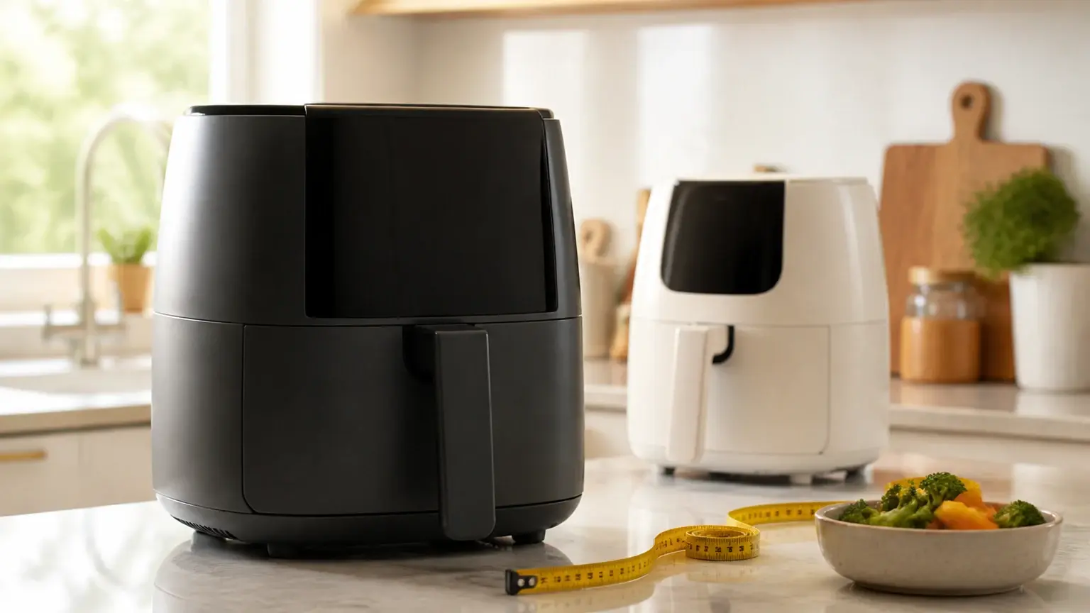 Bancada de cozinha com air fryers neutras de diferentes tamanhos e uma lista de escolha sem texto legível.