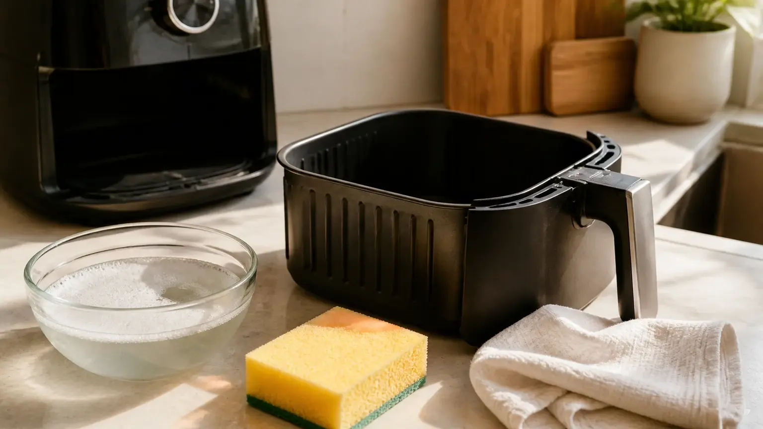 Cesto de air fryer sobre bancada limpa com pano macio e esponja não abrasiva.