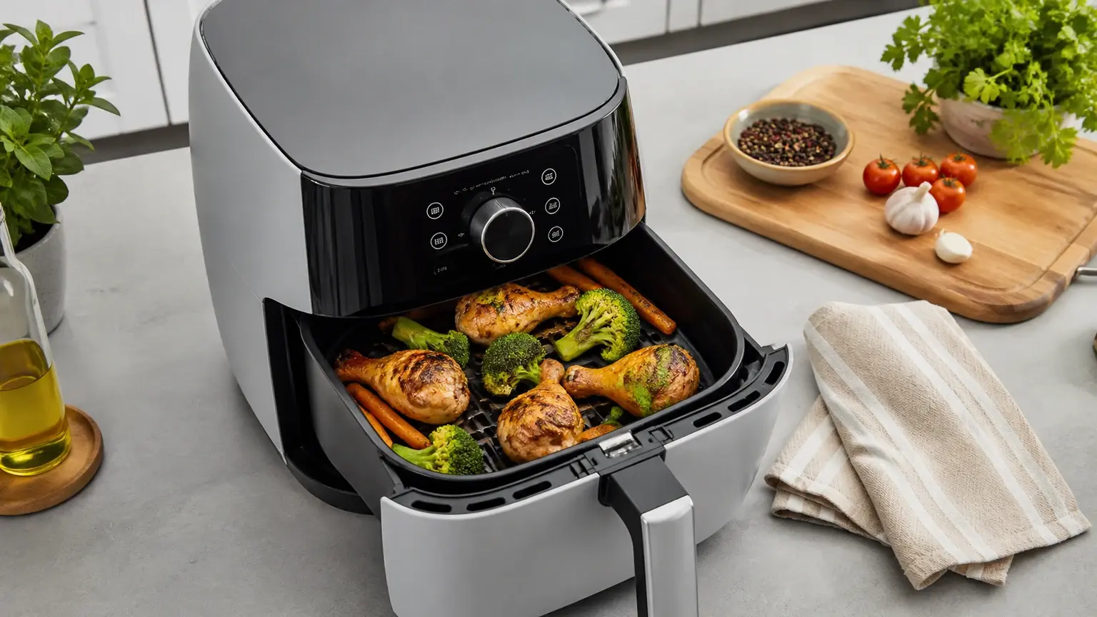 Air fryer com alimentos bem espaçados no cesto e bancada organizada para uso seguro.