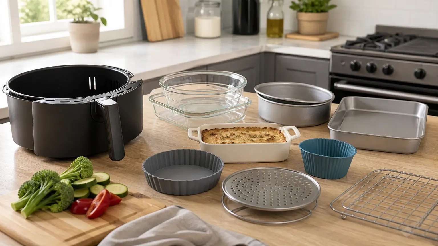 Acessórios genéricos de cozinha separados ao lado de uma air fryer para verificação antes do uso.