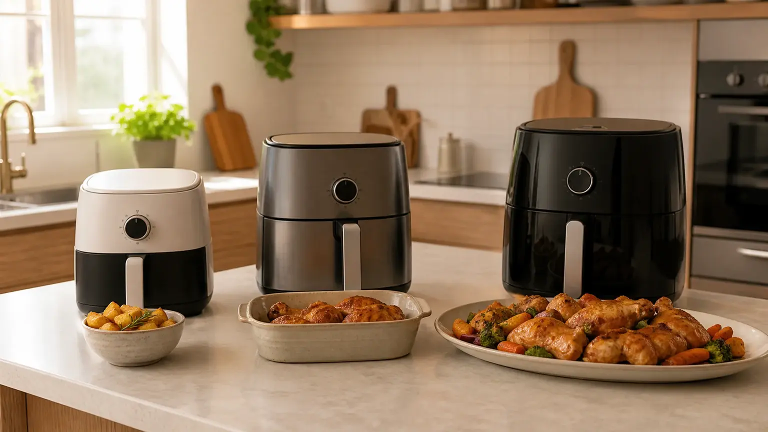 Air fryer compacta e air fryer grande numa bancada com porções familiares preparadas em taças.