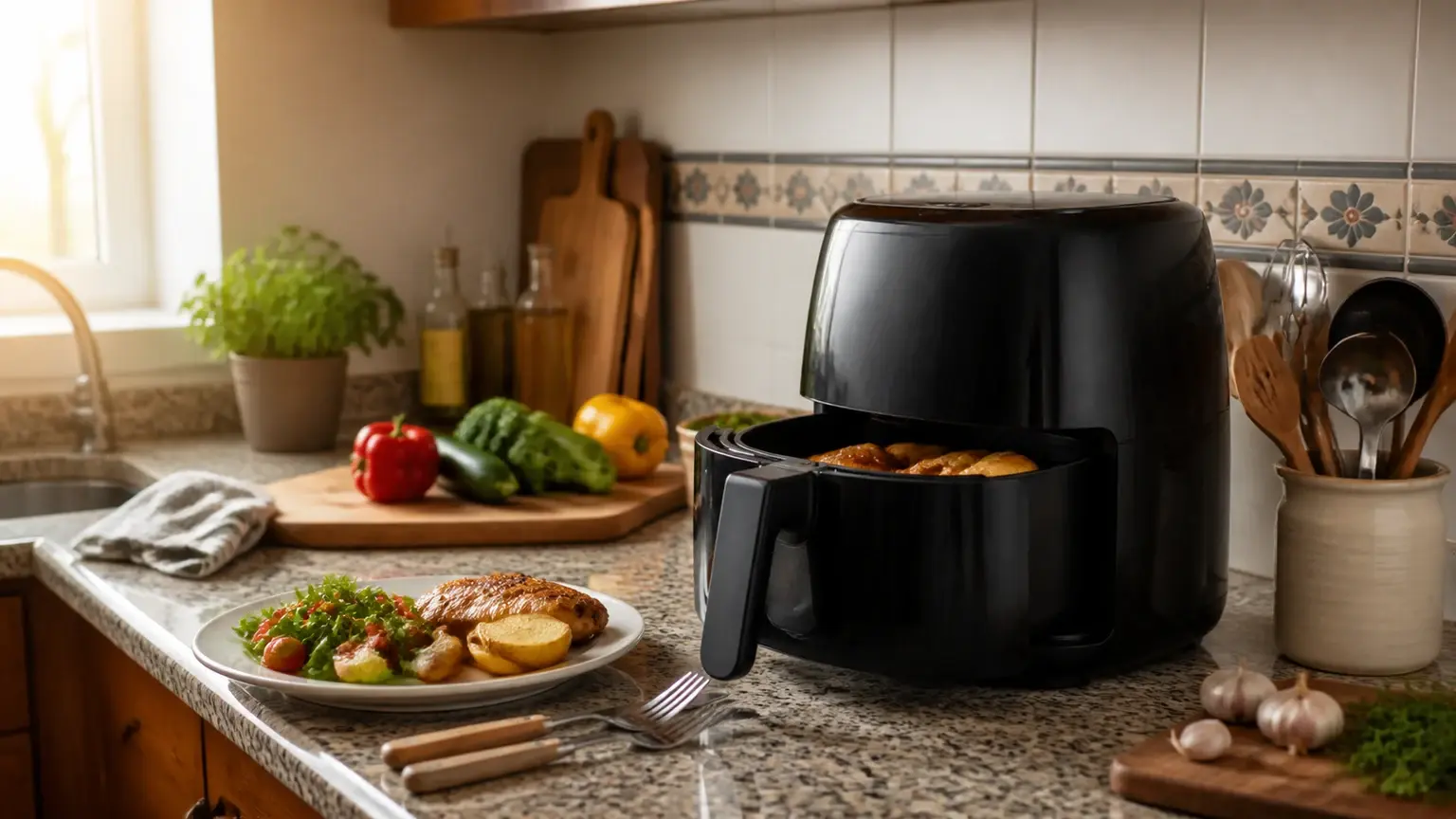 Air fryer compacta numa bancada de cozinha com legumes e utensílios preparados para uma refeição simples.