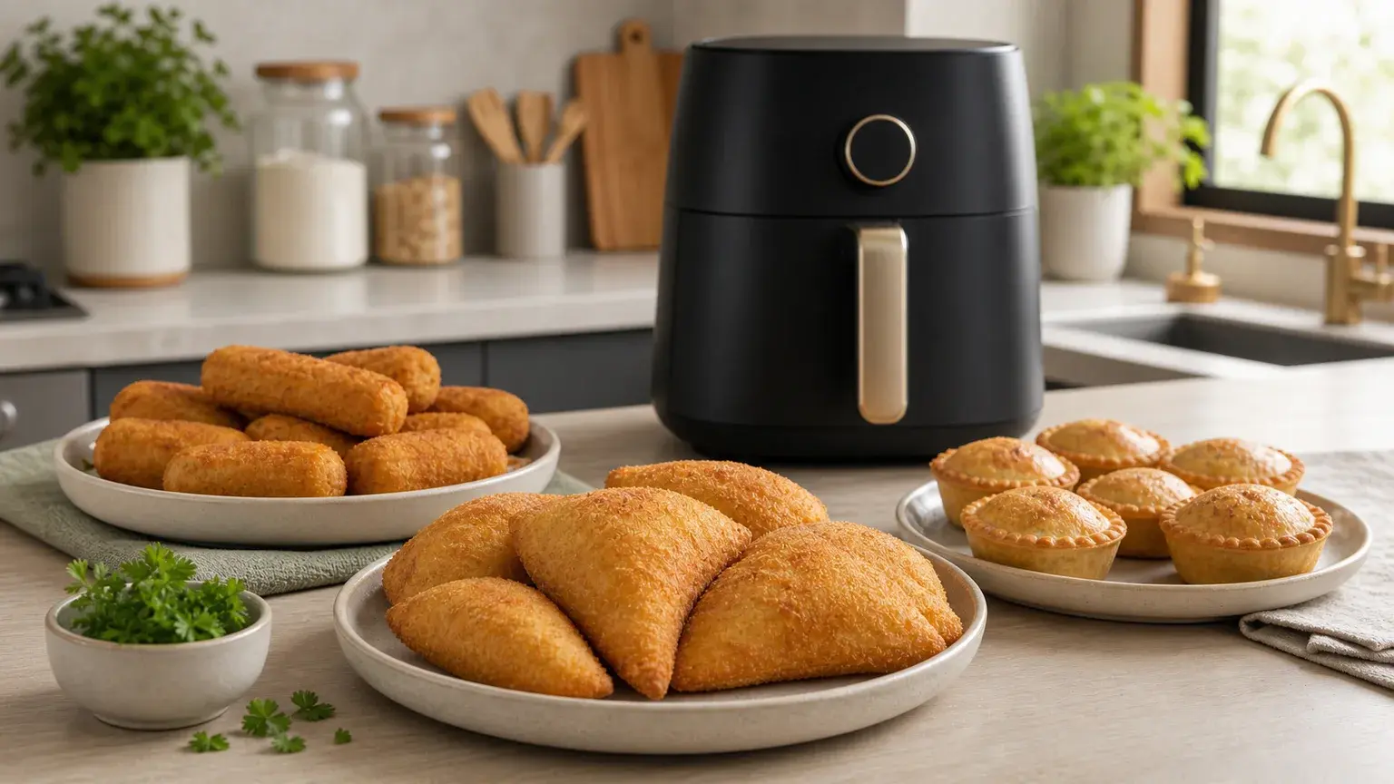 Alheira na air fryer servido junto a uma air fryer numa cozinha portuguesa.