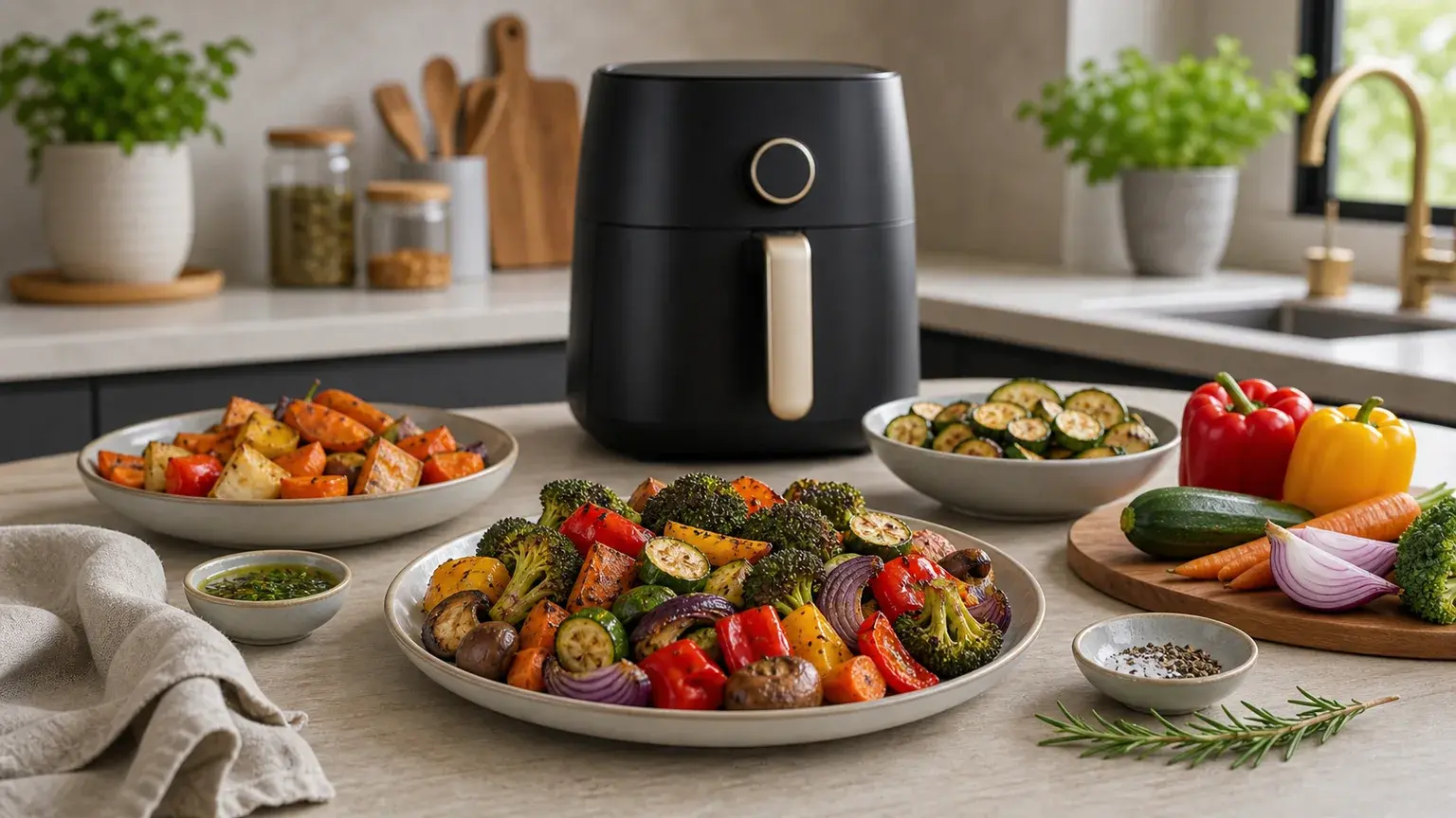 Batata doce na air fryer servido junto a uma air fryer numa cozinha portuguesa.