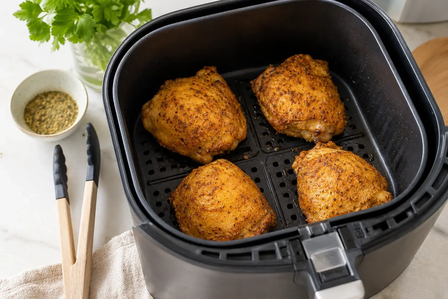 Coxas de frango temperadas e espaçadas dentro de um cesto de air fryer.
