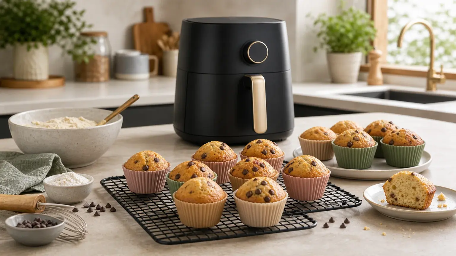 Queques pequenos cozinhados na air fryer numa bancada de cozinha.